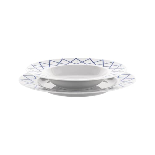 Set 4 assiettes creuses La Bella Tavola -  céramique blanc / Ettore Sottsass - Alessi - Motif bleu - Porcelaine fine