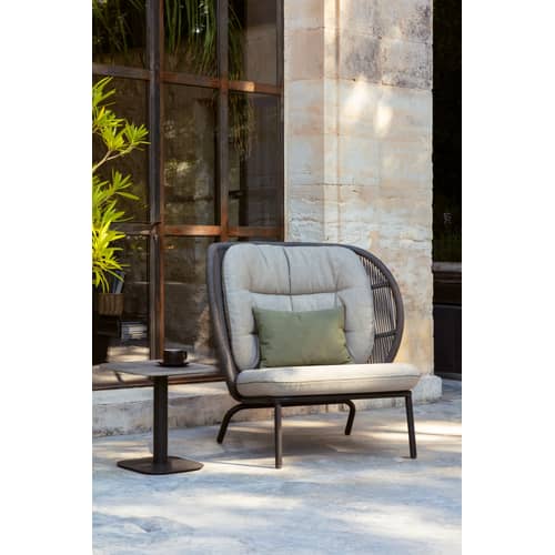Fauteuil rembourré Kodo Cocoon n°2      / H 98 cm - Corde acrylique tressée main - Vincent Sheppard - Gris Fossile / Beige & vert - Aluminium thermolaqué, Corde acrylique, Mousse, Tissu Sunbrella