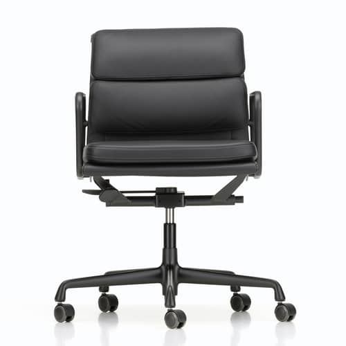 Fauteuil à roulettes Soft Pad EA 217 / Dossier mi-haut - Cuir / Eames, 1969 - Vitra - Noir (cuir) / Alu noir - Aluminium injecté, Cuir, Mousse polyuréthane