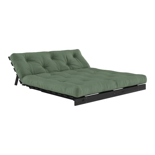 Schlafcouch Roots holz grün / B 160 cm - 3 Positionen / Schwarze Struktur - KARUP DESIGN - Olivgrün 756 / Schwarz - FSC-zertifizierte, lackierte Massivkiefer, Gewebe, Recycelte Mischfasern, Schaumstoff