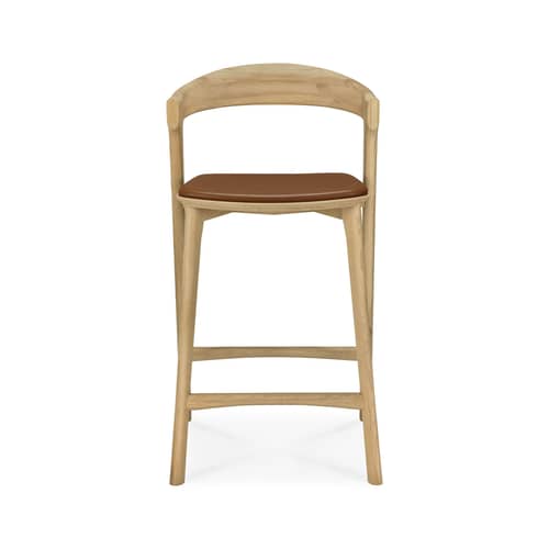 Bok Bar chair natural wood / H 66 cm - Leather seat - Ethnicraft - Varnished natural oak / Cognac Leather - Leather, Polyurethane foam, Varnished solid oak