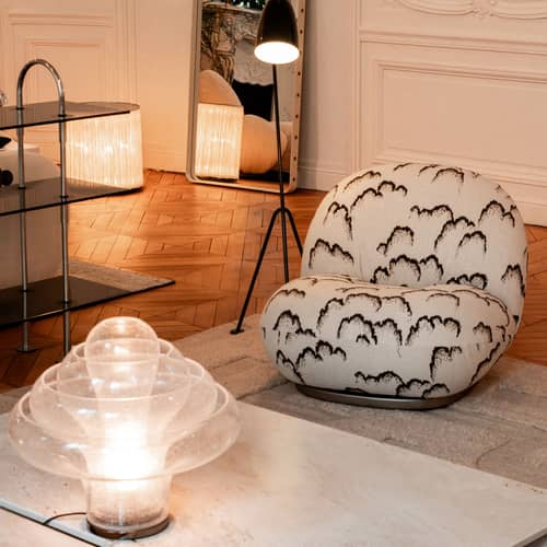 Fauteuil rembourré Pacha Dedar par Pierre Paulin / Exclusivité en édition limitée - Gubi - Motifs beige & noir (tissu Dedar) / Base or - Contreplaqué, Mousse, Tissu