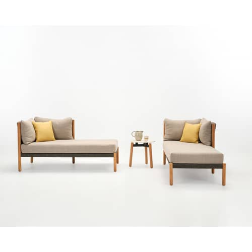 Lento Modular Right Outdoor daybed textile grey natural wood / L 166 cm - Hand-woven polypropylene cord - Vincent Sheppard - Grey cushions / Charcoal cord / Teak - Aluminium, Foam, Outdoor fabric, Polypropylene rope, Solid teak