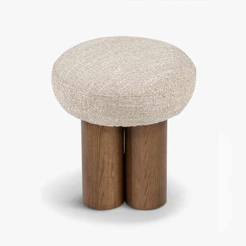 Pouf Popa tessuto beige - NV GALLERY - Beige / Noce - Frassino massello tinto, Schiuma ad alta densità, Tissu Tweed