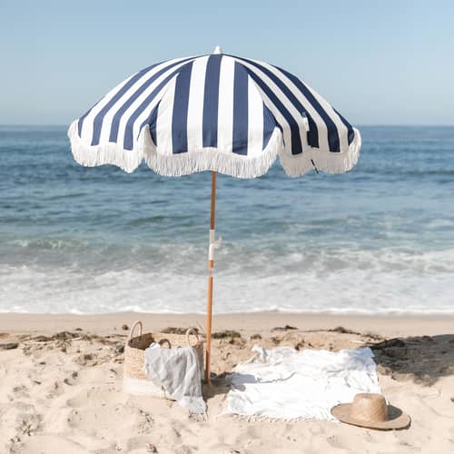 Sonnenschirm Holiday textil blau / Ø 150 cm - BUSINESS & PLEASURE - Blau gestreift / Crew - Aluminium, Holz, Outdoor-Gewebe