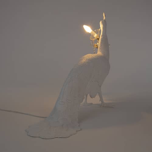 Bodenleuchte Peacock plastikmaterial weiß / Kunstharz - Lampe in Pfauenform / L 100 x H 69 cm - Seletti - Weiß & goldfarben - Harz