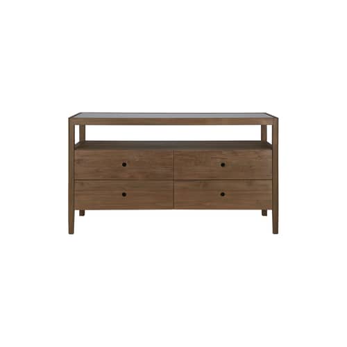 Commode Spindle bois marron / L 150 x P 56 x H 83 cm - Teck recyclé - Ethnicraft - Teck / Verre gris fumé - Teck massif de récupération, Verre trempé
