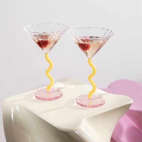 Curve Champagne cup glass multicoloured / Set of 2 - 15 cl - & klevering - Yellow & Pink - Glass