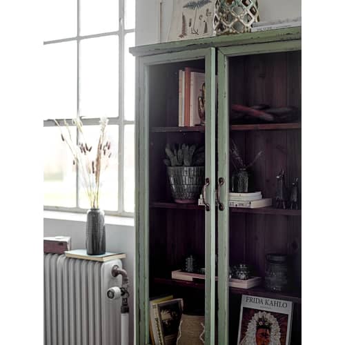 Hazem Wall storage wood green / Wall storage - L 81 x H 122 cm / Wood & glass - Bloomingville - Patinated green / Wood Background - Fir-tree, Glass, Iron, MDF