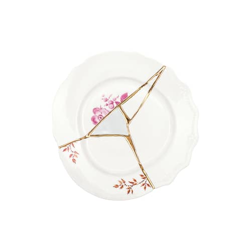 Assiette à dessert Kintsugi céramique blanc / or fin - Seletti - Blanc & or / Motifs rouges - Or, Porcelaine