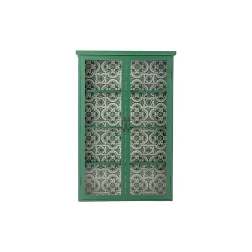 Rangement mural Hazem / Vitrine - L 81 x P 22 x H 122 cm - Bloomingville - Vert sapin / Fond motifs - MDF, Sapin peint, Verre trempé