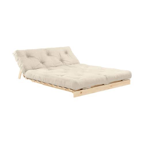 Schlafcouch Roots holz weiß / B 140 cm - 3 Positionen / Struktur Pinie Klare Kiefer - KARUP - Leinen 914 / Klare Kiefer, hell - FSC-zertifiziertes Massivholz Kiefer, Gewebe, Recycelte Mischfasern, Schaumstoff