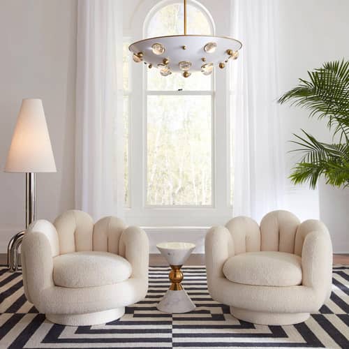Drehsessel Serpentine textil weiß / Geschlaufter Stoff - Jonathan Adler - Drehsessel „Serpentine“ in Weiß / Geschlaufter Stoff - Geschlaufter Stoff, Holz, Schaumstoff