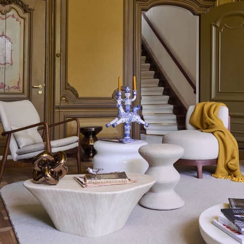 Tabouret rembourré Zig Zag Soft tissu beige - POLSPOTTEN - Beige - Bois, Mousse, Tissu