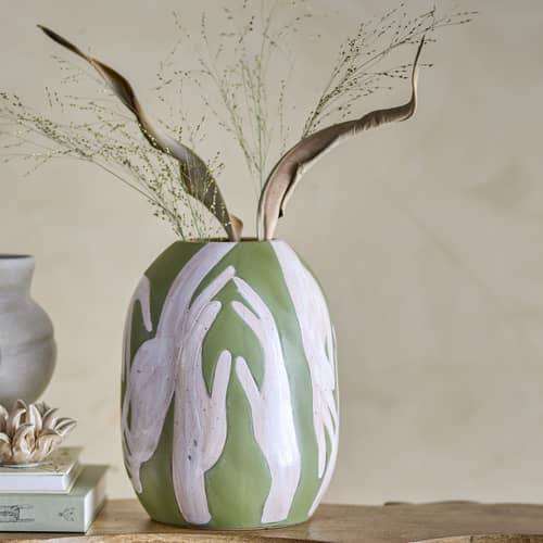 Adalena Vase ceramic green / Ø 23.5 x H 30.5 cm - Hand-painted - Bloomingville - Green - Enamelled sandstone