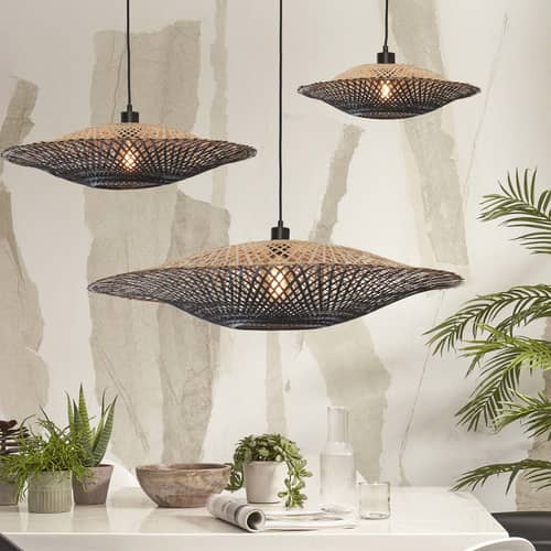 Kalimantan Pendant cane & fibres wood beige Bamboo - Ø 87 x H 20 cm - GOOD&MOJO - Black / Natural back - Iron, Woven bamboo