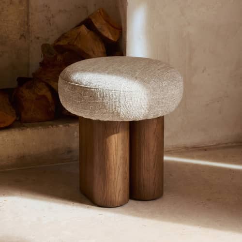 Pouf Popa tissu beige - NV GALLERY - Beige / Noyer - Frêne massif teinté, Mousse haute densité, Tissu Tweed