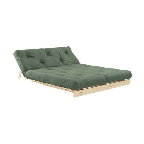 Schlafcouch Roots holz grün / B 140 cm - 3 Positionen / Struktur Pinie Klare Kiefer - KARUP - Olivgrün 756 / Klare Kiefer - FSC-zertifiziertes Massivholz Kiefer, Gewebe, Recycelte Mischfasern, Schaumstoff