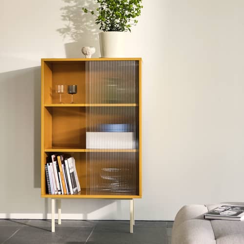 Arbeitszimmer Colour Cabinet Tall holz gelb / L 75 x H 130 cm - Türen aus geriffeltem Glas - Hay - Gelb - Gerilltes Glas, Holzfaserplatte