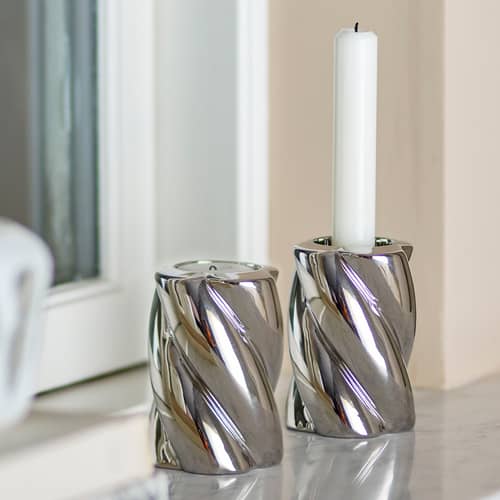 Silvia Candle stick ceramic silver / Set of 2 - Bloomingville - Silver-plated - Enamelled sandstone