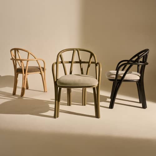 Fauteuil Bistra / Assise rembourrée - Gubi - Olive / Velours gris-vert (Fustagno 003) - Mousse, Rotin, Velours