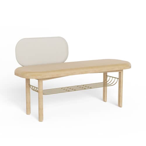 Gepolsterte Bank Eustache textil holz beige / L 102 cm - Velours - Hartô - Camel - gebürstetes Messing, Holzfaserplatte, massive Eiche, Polyester-Velours, Schaumstoff
