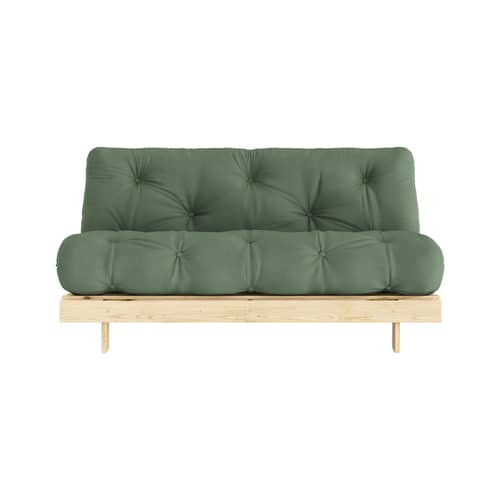 Schlafcouch Roots holz grün / B 160 cm - 3 Positionen / Struktur Pinie Klare Kiefer - KARUP - Olivgrün 756 / Klare Kiefer - FSC-zertifiziertes Massivholz Kiefer, Gewebe, Recycelte Mischfasern, Schaumstoff