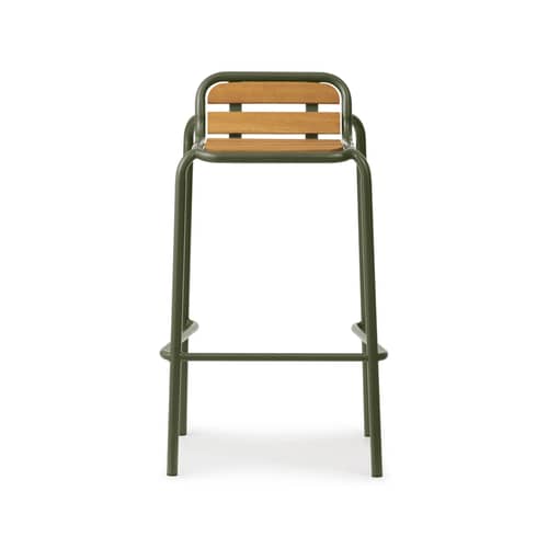 Tabouret de bar Vig Wood bois naturel / H 75 cm - Normann Copenhagen - Vert foncé / Bois - Acier thermolaqué, Bois de robinier huilé