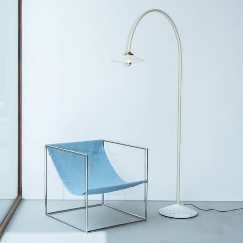 Fauteuil Solo tissu bleu Outdoor - valerie objects - Bleu / Structure acier poli - Acier inoxydable, Tissu outdoor