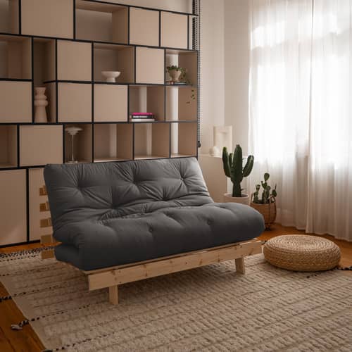Schlafcouch Roots holz grau / B 140 cm - 3 Positionen / Struktur Pinie Klare Kiefer - KARUP DESIGN - Dunkelgrau 734 / Klare Pinie - FSC-zertifiziertes Massivholz Kiefer, Gewebe, Recycelte Mischfasern, Schaumstoff