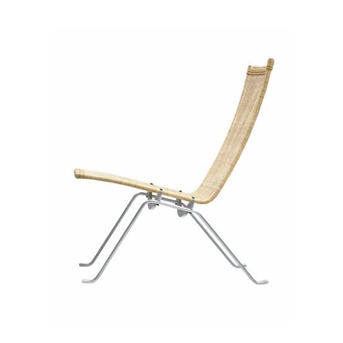 Lounge Sessel PK22 faser beige / Poul Kjærholm, 1956 - Rattan Cannage - Fritz Hansen - Natürliches Rattan - gebürsteter Stahl, Rattan-Geflecht