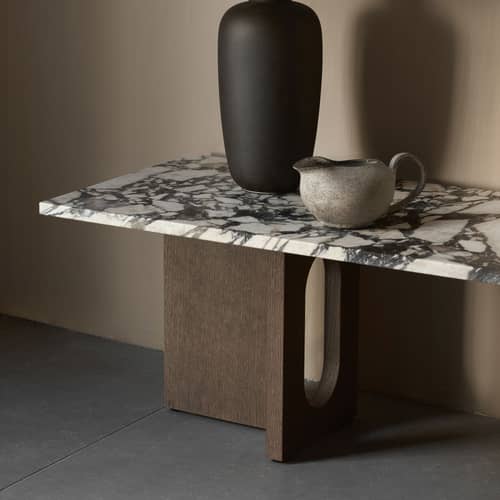 Table basse Androgyne Lounge Wood marbre beige bois naturel / 120 x 45 x H 37,8 cm - Base bois - Audo Copenhagen - Marbre Calcatta viola / Pied chêne foncé - Marbre Calacatta Viola, MDF plaqué chêne teinté