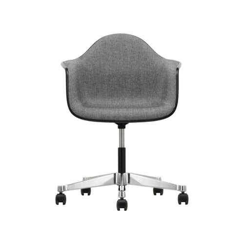 PACC - Eames Plastic Armchair Armchair on casters plastic material black / (1950) - Full padding / Recycled - Vitra - Black shell / Grey fabric (Hopsak 23 black / ivory) - Foam, Hopsak fabric, Polished aluminium, Post-consumer recycled plastic