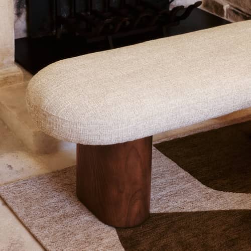 Panca imbottita Popa tessuto beige / L 132,5 cm - NV GALLERY - Beige / Noce - Espanso, Frassino massello tinto, Tissu Tweed