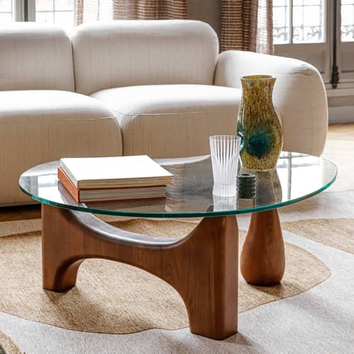 Couchtisch Orwell glas holz natur / 75 x 99 cm - NV GALLERY - Transparent / Esche - Einscheiben-Sicherheitsglas, Esche massiv