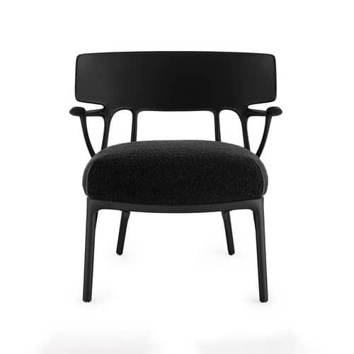Fauteuil rembourré A.I. Lounge / Conçu par intelligence artificielle - Recyclé - Kartell - Noir / coussin noir (tissu bouclé) - Mousse polyuréthane, Technopolymère thermoplastique recyclé, Tissu