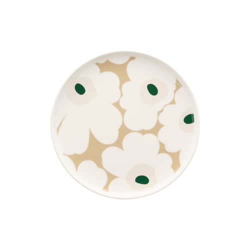 Unikko Dessert plate ceramic beige / Ø 20 cm - Marimekko - Unikko / Beige, white & green - Sandstone