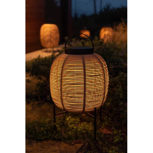 Outdoor-Solarlampe Tika Small plastikmaterial beige / LED-Laterne - Sockel Stahl / H 59 cm - Vincent Sheppard - H 59 cm / Camel & Schwarz - Polyethylengeflecht, thermolackierter Stahl
