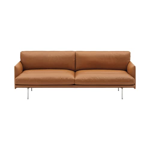 Sofa Outline Soft leder braun / 3-Sitzer – L 220 cm - Muuto - Cognacleder („Refine“) / Füße aus poliertem Aluminium - FSC-zertifiziertes Holz, PU-Schaum, Vollnarben-Leder