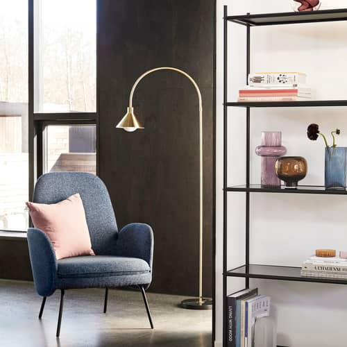 Pipe Floor lamp metal gold / H 168 cm - Adjustable - HÜBSCH - Brass / Black marble - Iron, Marble