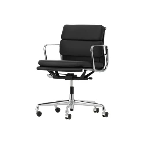 Sessel mit Rollen Soft Pad EA 217 leder schwarz / Eames, 1969 - Vitra - Schwarz (Leder) / Aluminium verchromt - Polierter Aluminium-Druckguss, Polyurethan-Schaum, Rindsleder