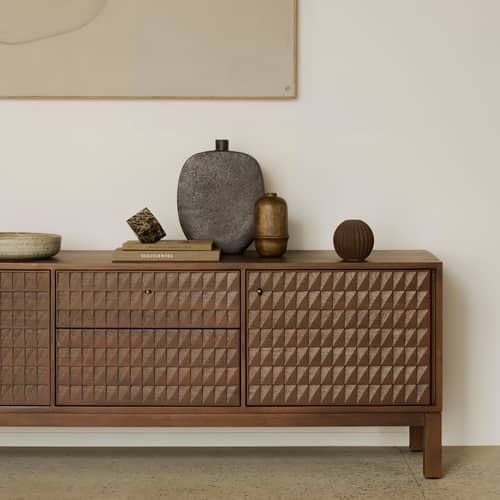 Buffet Sono bois marron / L 212 x H 60 cm - Sculpté main - Ethnicraft - L 212 cm / Teck - Laiton moulé, Teck massif