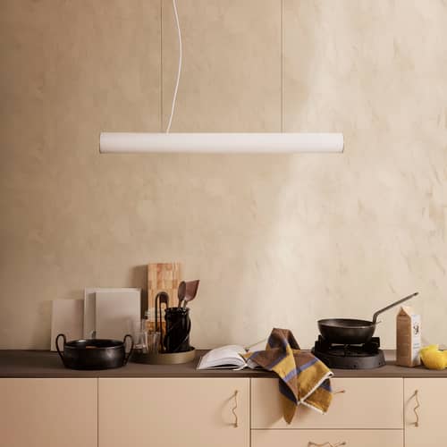 Vuelta LED Pendant glass white Large / L 100 cm - Ribbed Glass - Ferm Living - Brass / White - Brass, Mouth blown glass
