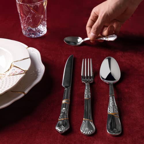 Set de couverts Kintsugi métal argent / 4 pièces - Seletti - Acier & or - Acier inoxydable