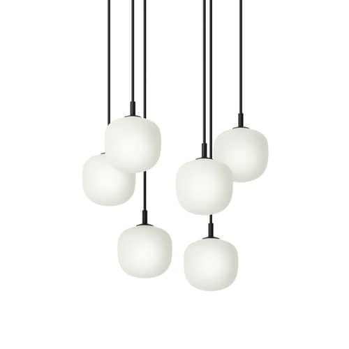 Suspension Rime verre / 6 globes - Ø 12 cm - Muuto - Noir - Aluminium verni, Verre soufflé bouche