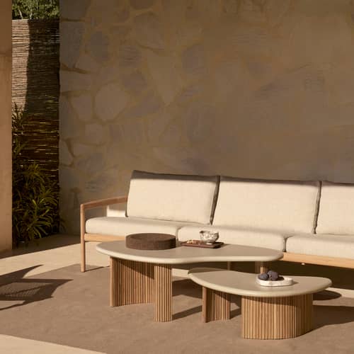 Couchtisch Boomerang Outdoor stein grau / 90 x 61 x H 29 cm - Recycelter Beton & Teakholz - Ethnicraft - 90 x 61 x H 29 / Hellgrau - Beton, Recyceltes Teakholz