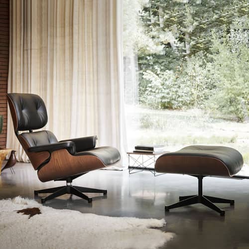 Set Sessel & Fußstütze Lounge Chair & Ottoman leder schwarz / Eames, 1956 - Kirschbaum - Vitra - Kirschbaum / Schwarz (Leder) - Gebogenes Sperrholz, Kirschbaum, Leder, Polyurethan-Schaum