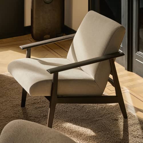 Poltrona imbottita Aspekt tessuto grigio - Ethnicraft - Grigio cenere / Teak tinto marrone scuro - Espanso, Teak massello verniciato, Tessuto ecologico
