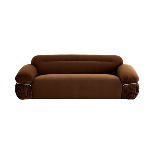 Sofa Elea textil braun / 3-Sitzer – L 230 cm - NV GALLERY - Tiefbrauner Velours / Verchromt - High Density-Schaum, Velours, Verchromter Edel-Stahl