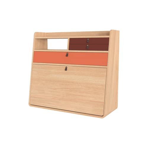 Secrétaire mural Gaston bois orange / L 80 x H 72 cm - Hartô - Corail épicé & bourgogne / Chêne naturel - MDF laqué, MDF plaqué chêne